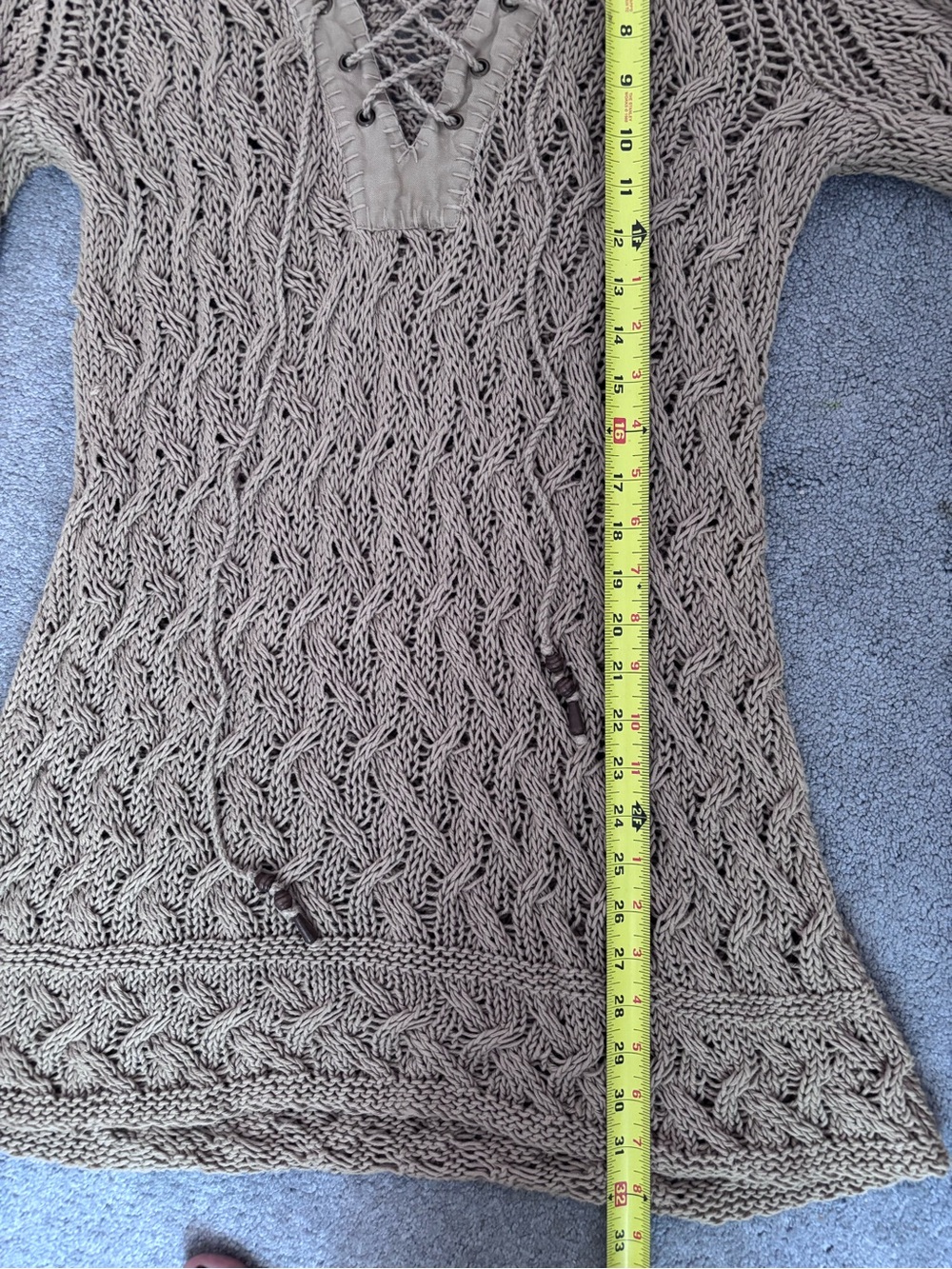 Tommy Bahama Women Linen Blend Chunky Cable Knit Lace Up Tunic Sweater Taupe - Picture 6 of 9